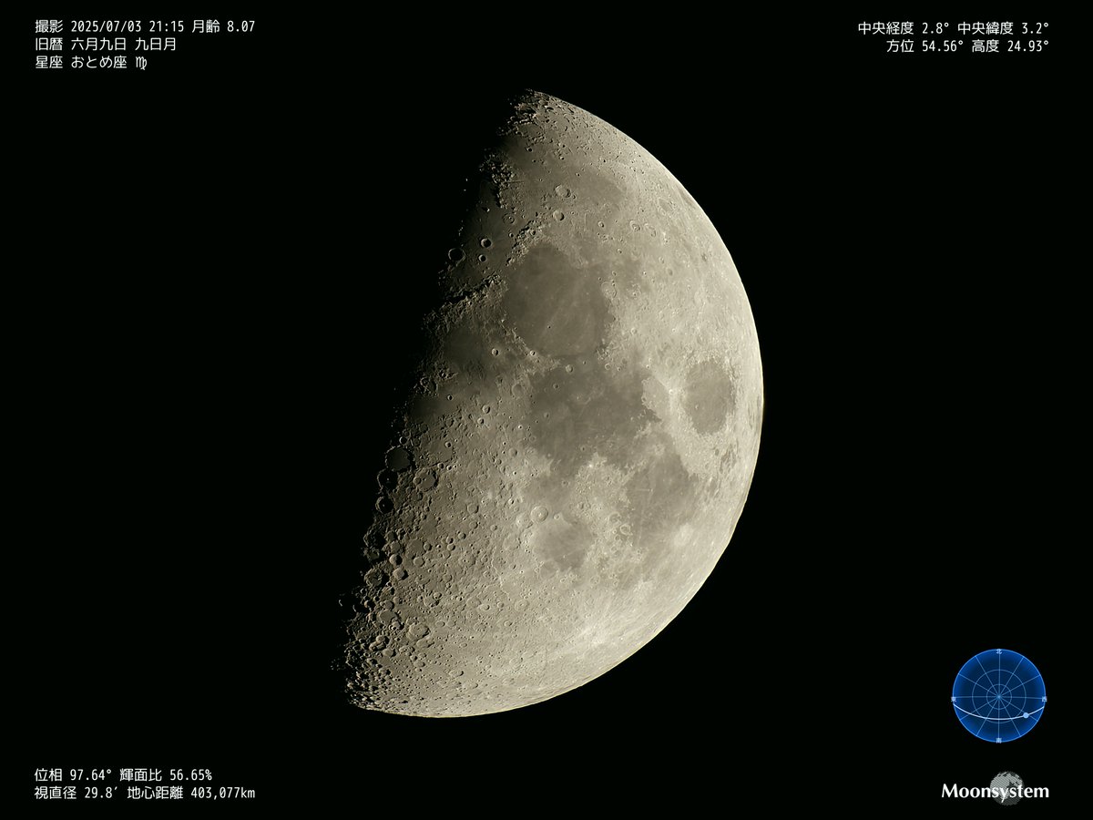 2025-07-03 21:15 #旧暦六月九日
#九日月
上弦の月を17時間ほど過ぎていますので、前夜の月の方が半月に近かったことになります。
日没前から広がった雲が消えず夜遅くなって漸く撮影することが出来ました。