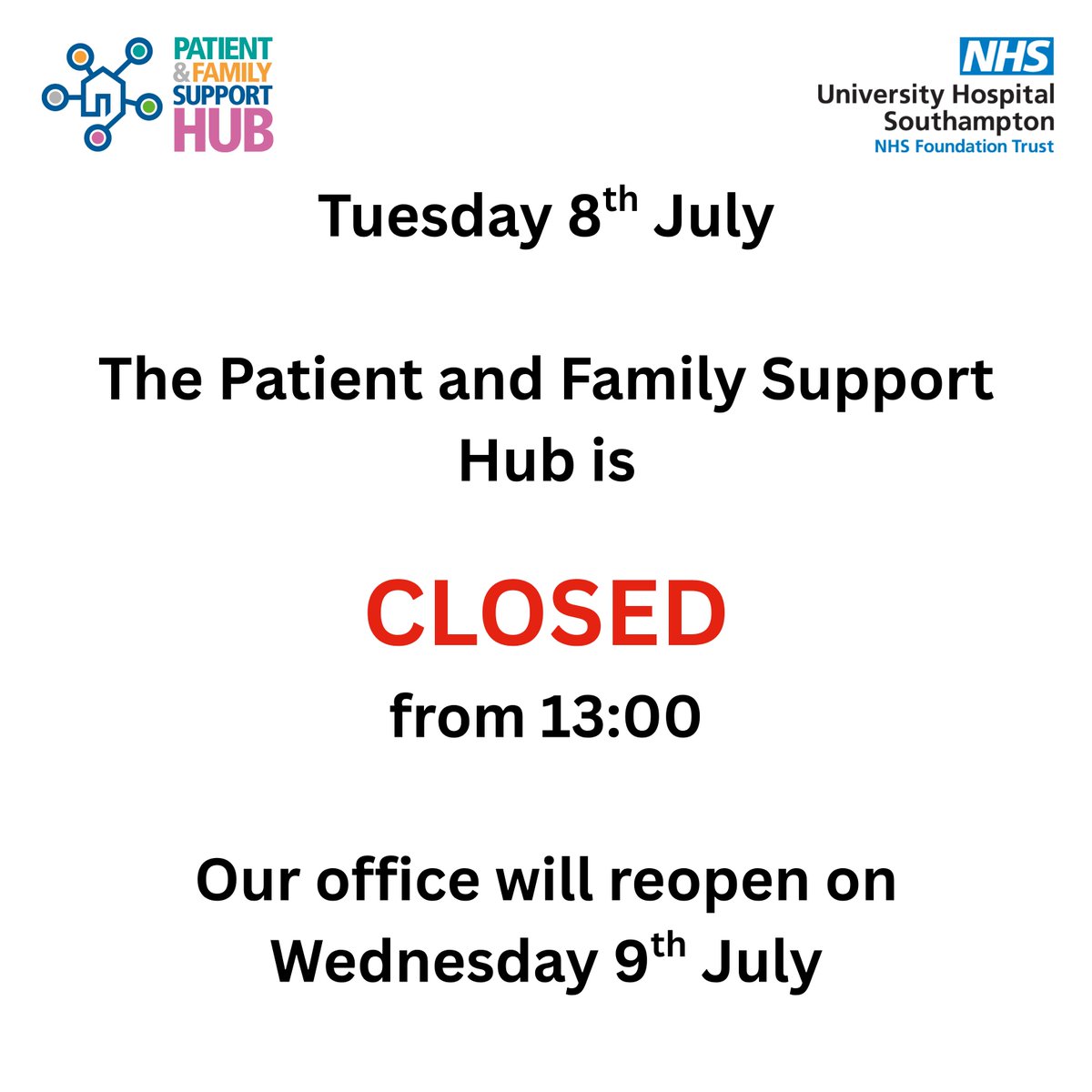 UHS_SupportHub's tweet image. Please be aware, that due to volunteer training our office will be closed from 1pm today, Tuesday 8th July 2025. Normal opening hours will resume from 09:30am on Wednesday 9th July 2025❤️