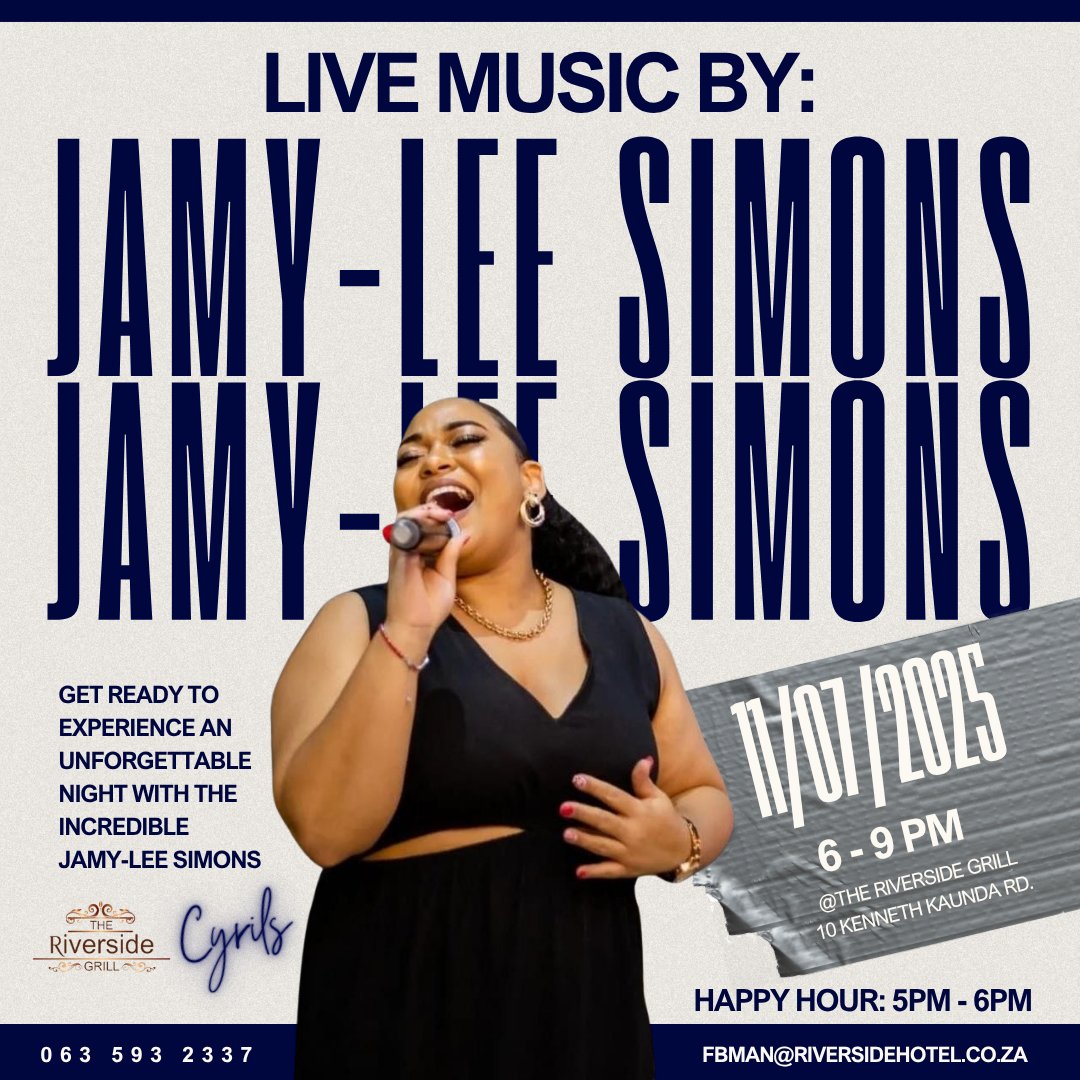 🎤 Jamy-Lee Simons LIVE!
🗓️ Thursday, 11 July | ⏰ 6PM–9PM
🍹 Happy Hour: 5PM–6PM
📍 Riverside Grill, Durban
Unmissable vocals. Soulful vibes.

#MeetAtTheRiverside #JamyLeeSimons #LiveMusicDurban #RiversideGrill #DurbanEvents #ThursdayVibes #SoulfulSounds #HappyHourAsk