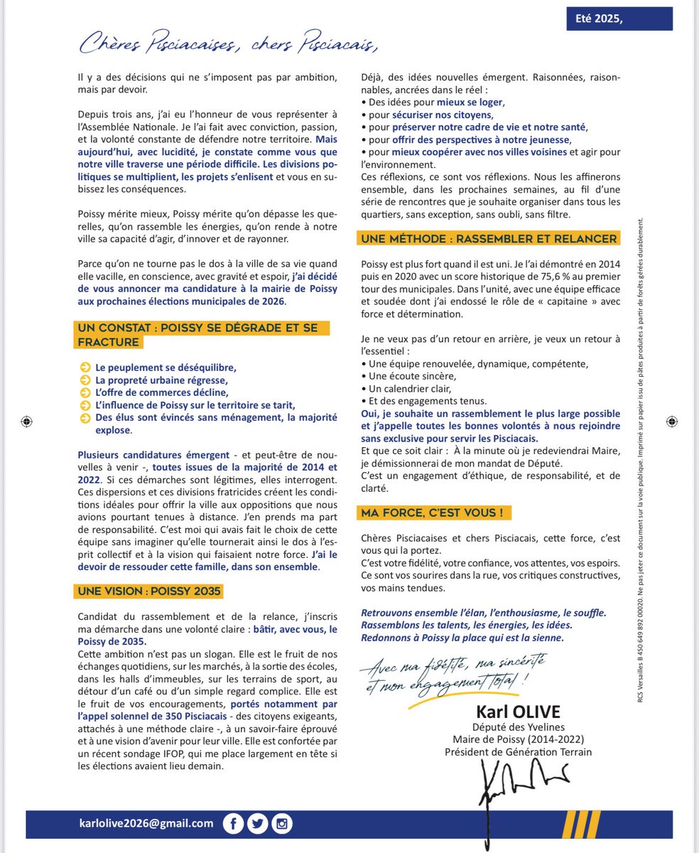 Chères Pisciacaises, chers Pisciacais,

En mars 2026, je solliciterai votre confiance pour devenir maire de Poissy.

C’est avec beaucoup d’émotion, une immense détermination et une passion intacte pour notre ville que je vous adresse cette lettre. Vous allez la recevoir chez vous