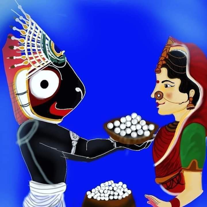 Maa Lakshmi is upset with Mahaprabhu Jagannath for leaving her during #RathYatra .So on #NiladriBije, he brings her #Rasagola to make her smile.  Such a sweet moment between our Kanha and Maa Lakshmi ji. #RasogullaDivas