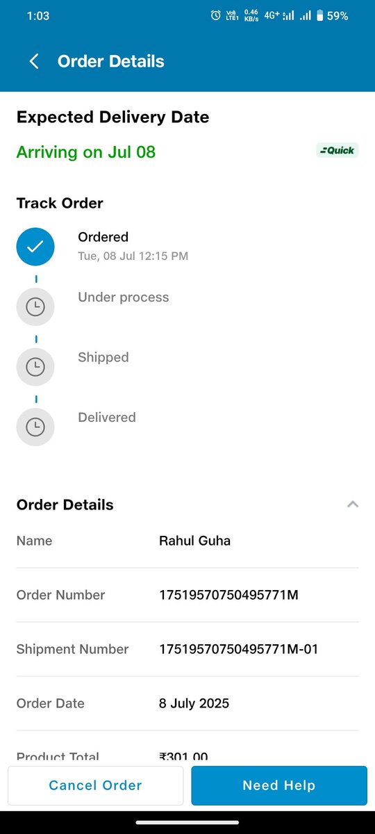 its_rRahul's tweet photo. @JioMart_Support  You guys are scamming people with the name of Quick Delivery which says 10 to 30 mins delivery. I have been waiting for almost an hour , still the order is not processed. Even connected with Customer support, they have no idea and telling pre written scripts. https://t.co/gkT3oy7ERp