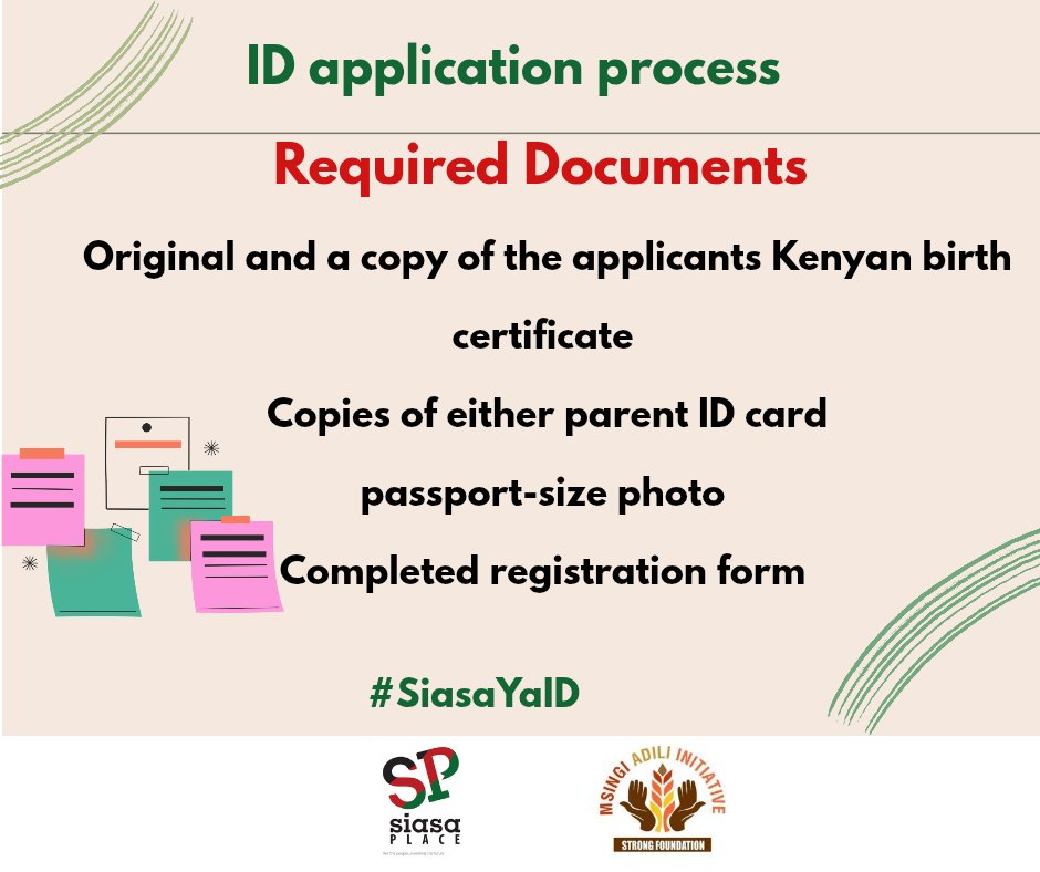 Msingi Adili initiative (@msingiadili) on Twitter photo Are you a first-time ID Applicant?Avoid multiple trips to the registration centre by carrying all necessary documents:
Original Birth Certificate or notification of birth
Photocopy of your parent’s national ID card
Two recent passport-size photos
#SiasaYaID <a href="/siasaplace/">Siasa Place</a> Are you a first-time ID Applicant?Avoid multiple trips to the registration centre by carrying all necessary documents:
Original Birth Certificate or notification of birth
Photocopy of your parent’s national ID card
Two recent passport-size photos
#SiasaYaID <a href="/siasaplace/">Siasa Place</a>