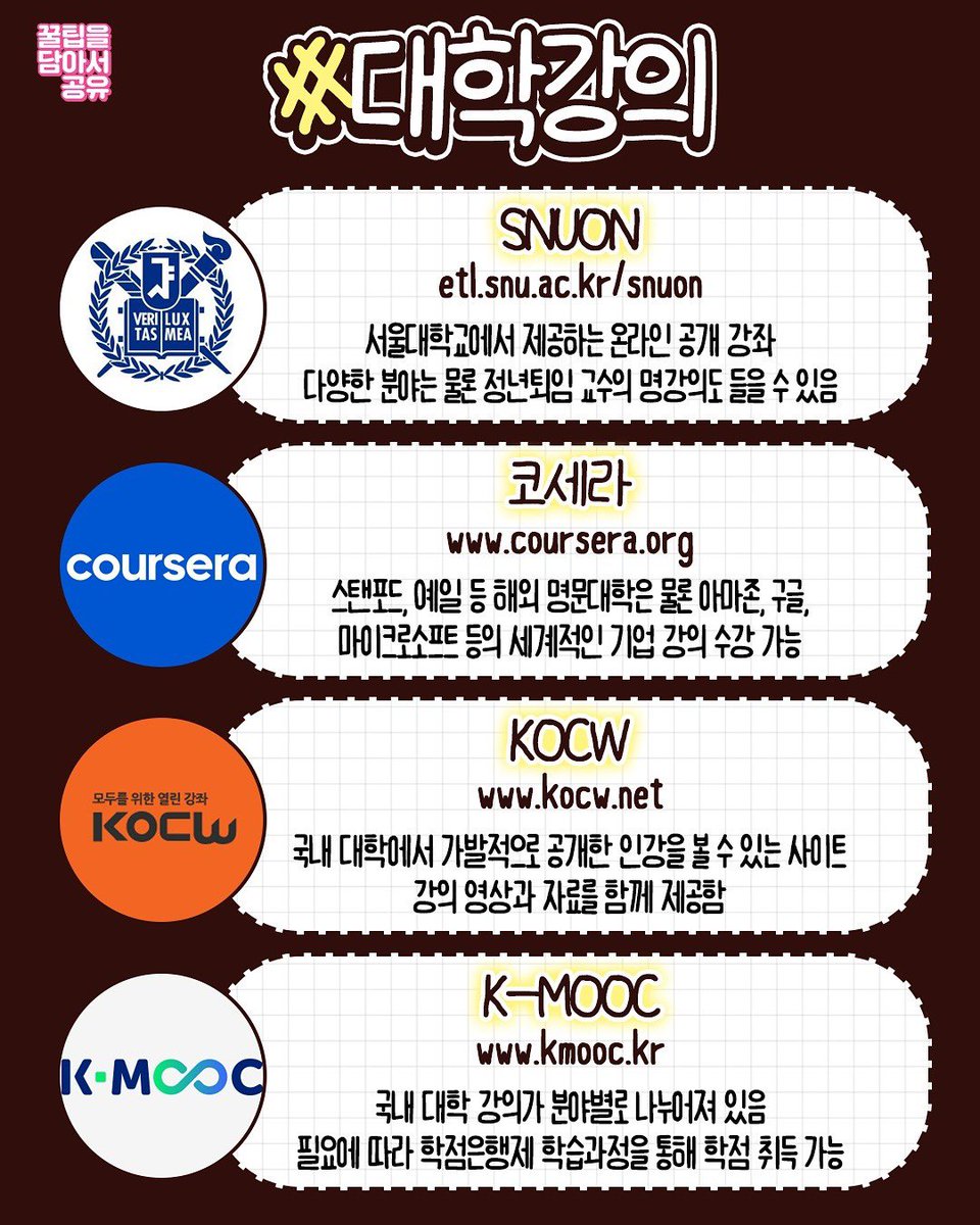 honeytip_backup's tweet photo. 자기개발러를 위한 무료 강의 사이트 모음 https://t.co/vl2Aad0oMF