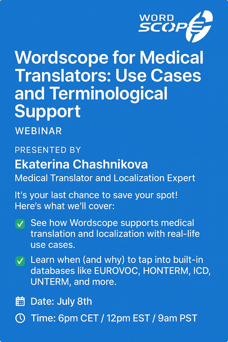 We’re incredibly grateful to Ekaterina Chashnikova, medical translator and localization expert, for sharing her time and expertise in our upcoming webinar:
 "Wordscope for Medical Translators: Use Cases and Terminological Support"
Register here: us06web.zoom.us/meeting/regist…