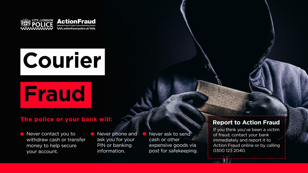 ⚠Courier fraud is when victims receive a phone call from a criminal who is pretending to be a police officer or bank official.

❌Don’t assume a phone call is authentic just because someone knows your name and address.

🔗Find out more here actionfraud.police.uk/a-z-of-fraud/c…

#courierfraud