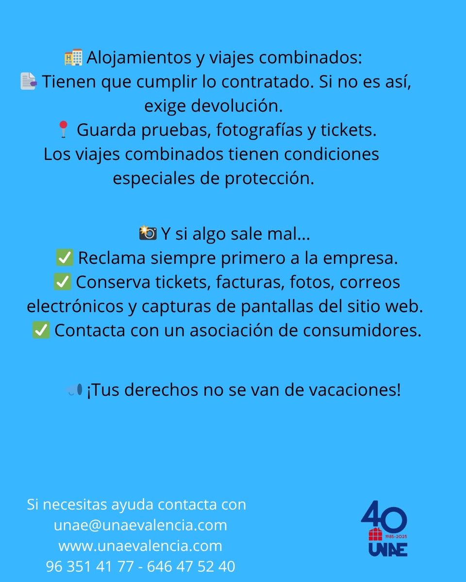 UNAE consumo (@unae_valencia) on Twitter photo Vacaciones con derechos ¡Infórmate antes de viajar!
Consejos para disfrutar de unas vacaciones tranquilas
<a href="/GVAinicotur/">GVA Inicotur</a> #derechos #consumo #usuarios #vacaciones2025 Vacaciones con derechos ¡Infórmate antes de viajar!
Consejos para disfrutar de unas vacaciones tranquilas
<a href="/GVAinicotur/">GVA Inicotur</a> #derechos #consumo #usuarios #vacaciones2025