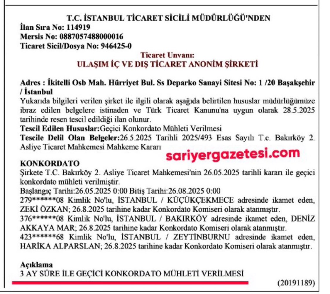 Geçmiş olsun İstanbul!

CHP Milletvekili Özgür Karabat‘ın mali müşavirliğini yaptığı,

Otobüsleri üreten Mercedes’in ‘yetersiz’ bulunduğu 14 ihaleyi İETT’den alarak 20 milyar TL’yi kasasına koyan,

Ulaşım İç ve Dış Ticaret A.Ş. konkordato ilan etti!