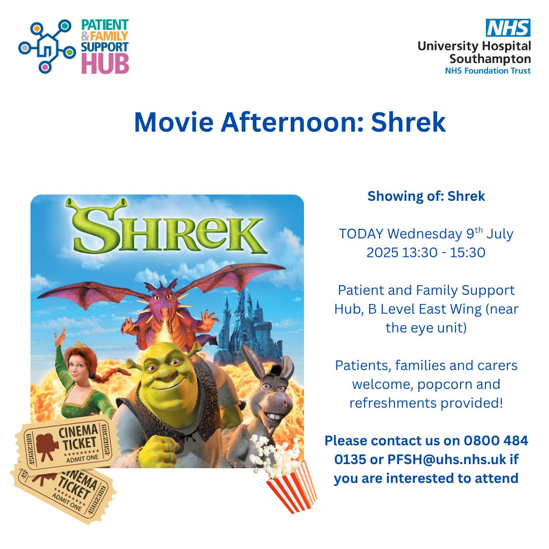 UHS_SupportHub's tweet image. Patients, families and carers are welcome to join us this afternoon for our weekly Wednesday movie afternoon. This week, Shrek! Please see details below: 👇❤️