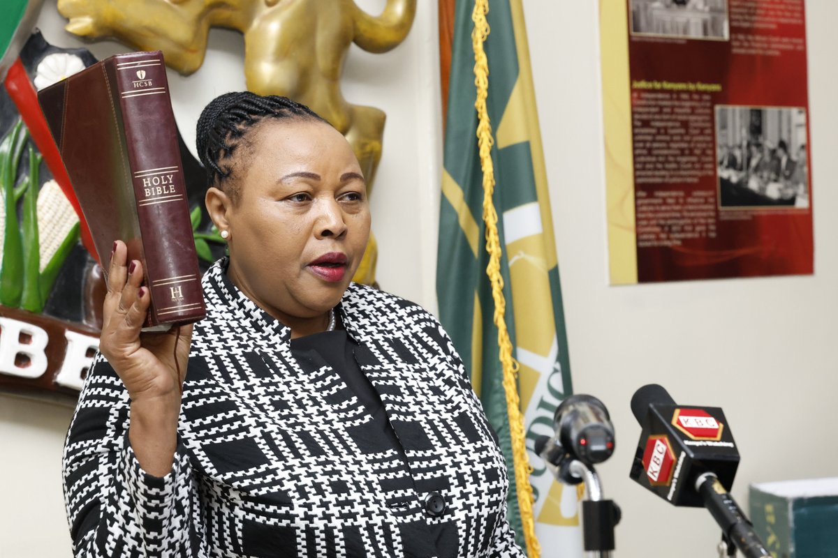 Kenyajudiciary's tweet photo. Chief Justice Martha Koome presided over the swearing-in ceremony of Mr Abdullah Kassim as Member of the National Heroes Council and also the Peris Muthoni Kimani, Benjamin Juma Imai, Prof Collete Suda as Members of the National Police Service Commission. 

She told the new Commissioners that they are the custodians and implementers of the Constitution’s vision for democratic policing in the country, entrusted with the sacred task of building a police service that is professional, humane, responsive, ethical, and respected by the people it serves.  

The CJ observed that the country and its democratic fabric have come under strain through waves of public protests, moments that reminded of the delicate balance that must be maintained between the constitutional right to peaceful assembly and protests and the imperative of people-centered, professional policing.  

“On one hand, members of the public must exercise their right to protest peacefully, without carrying arms, and without engaging in acts of destruction, looting, or vandalism of public infrastructure such as government buildings and court infrastructure, or private businesses,” said the Chief Justice.

The Chief Justice also urged the police to respond with restraint, proportionality, and strict adherence to human rights standards, avoiding actions that could cause unnecessary harm or loss of life. 
“It is also incumbent upon the police to distinguish between peaceful demonstrators and criminal elements—those who infiltrate protests to incite violence and loot—and to apprehend and process such individuals through the justice system,” said the CJ.