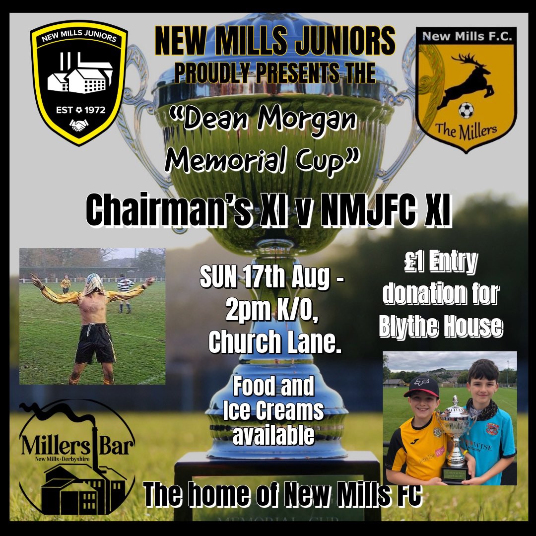 The annual “Dean Morgan Memorial Match” has been confirmed for a 2pm k/o the 17th Aug.

Your support on the day will be most welcome to Deans family as well as the Blythe House charity.

Hope to see you there.

⚽️🖤💛⚽️ 
#upthemillers