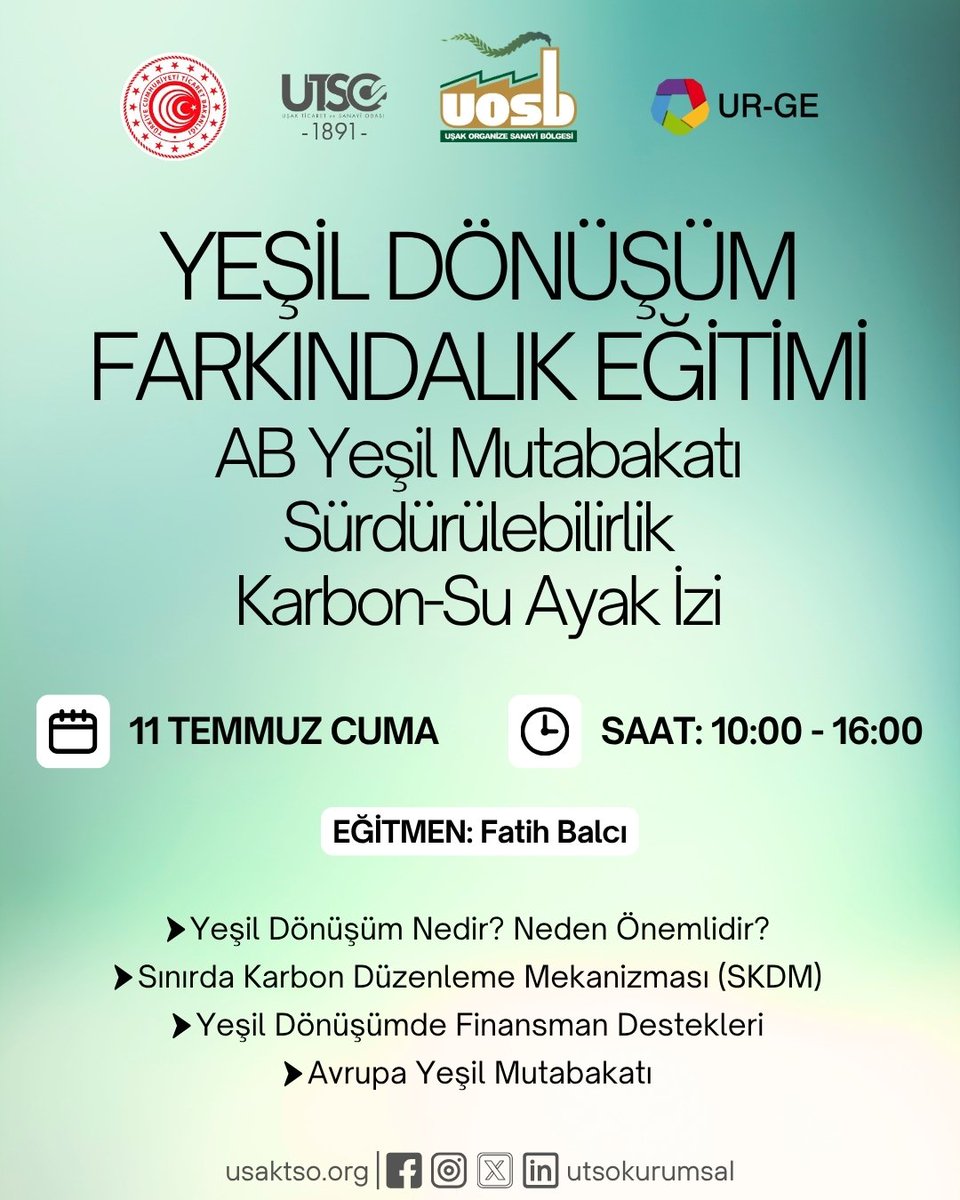 ♻️ Yeni Dönemin Anahtarı: Yeşil Dönüşüm
✔️ Yeşil Dönüşüm Nedir? Neden Önemlidir?
✔️ Sınırda Karbon Düzenleme Mekanizması (SKDM)
✔️ Yeşil Dönüşümde Finansman Destekleri
✔️ AB Yeşil Mutabakatı ve İş Dünyasına Etkileri
⏰ Saat: 10.00 – 16.00
Ön kayıt ubs.utso.tr/on-basvuru/yei…
