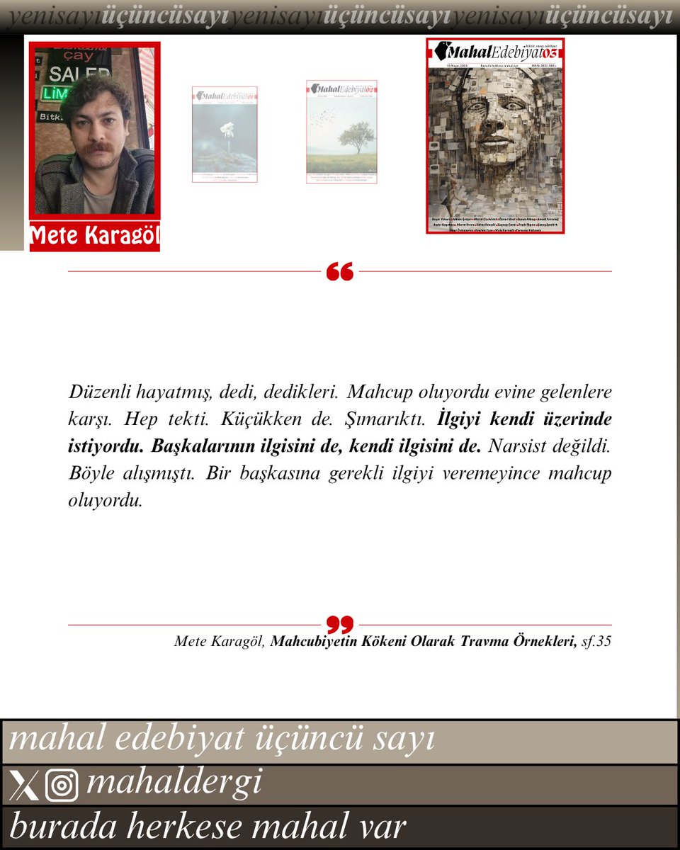Mete Karagöl, "Mahcubiyetin Kökeni Olarak Travma Örnekleri" adlı öyküsüyle dergimizin üçüncü sayısında.       

 mahaledebiyat.com/e-dergi-3-sayi