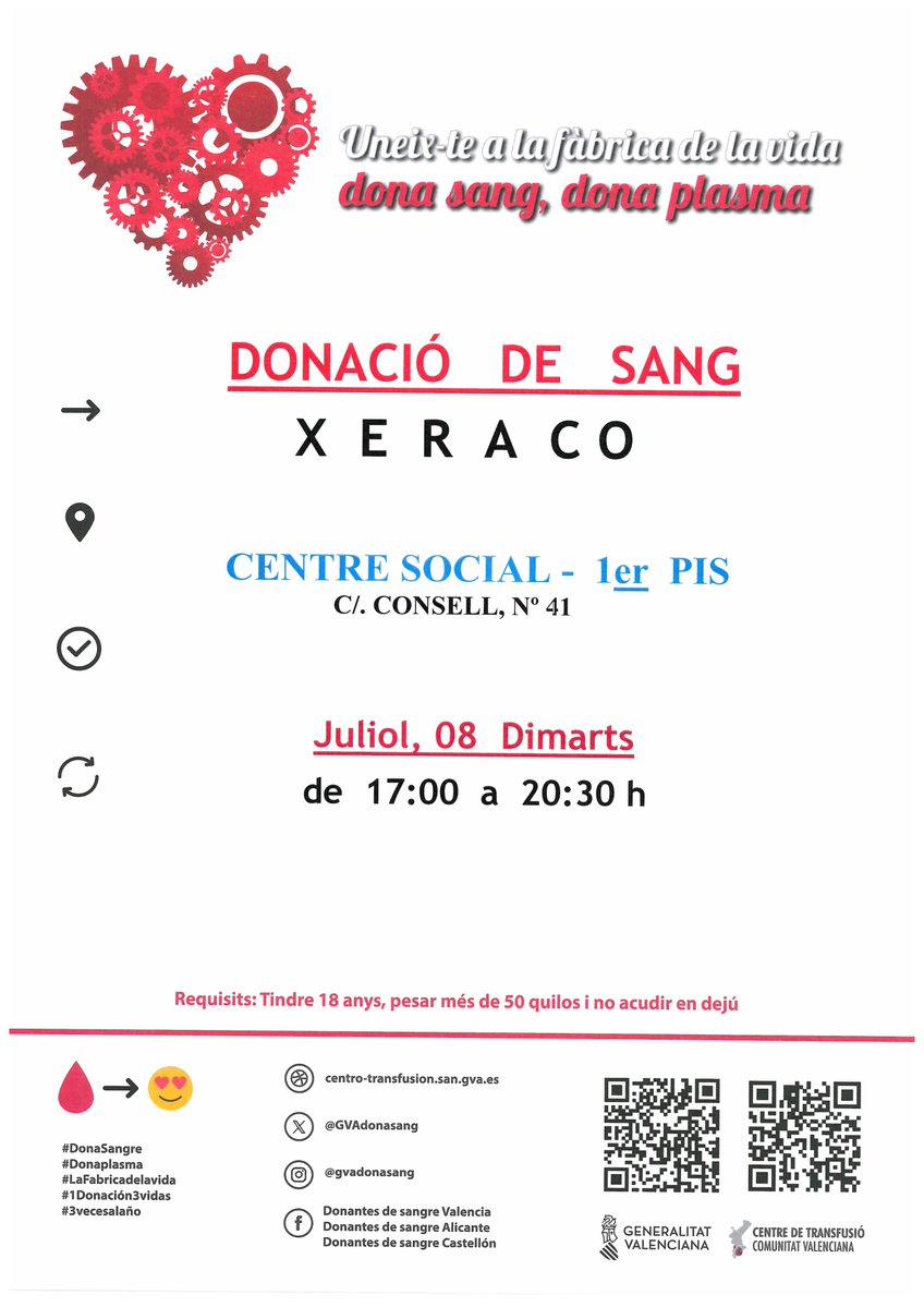 Dona sang a #Xeraco
📅dimarts #8Juliol

A l'estiu les transfusions de sang i els productes sanguinis segueixen salvant vides cada dia. Sense tu no seria possible.

#DonaSang #DonaPlasma. 
Uneix-te a la Fàbrica de la vida❤