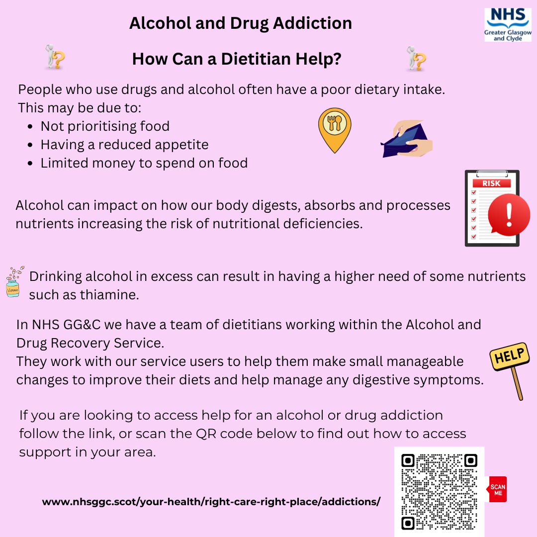 NHSGGCDiet's tweet image. 🍏 Alcohol Awareness Week is here!
Did you know ADRS dietitians play a vital role in recovery?
We support: ✅ Nutritional rehab after alcohol misuse
✅ Managing liver health
✅ Building healthy habits for long-term recovery
#AlcoholAwarenessWeek #ADRS #NutritionMatters
@NHSGGC