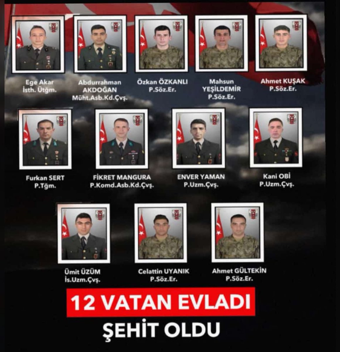 12 vatan evladımız şehit oldu.

Acımız büyük. 

Allah rahmet eylesin. Mekanları cennet olsun.