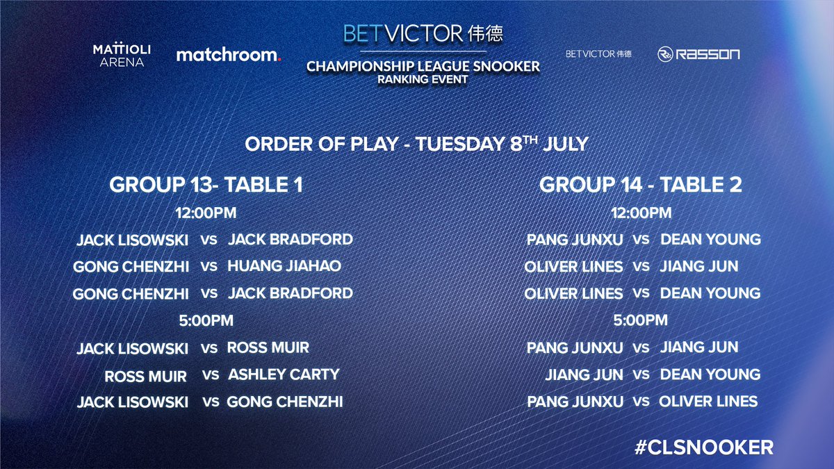CLSnooker's tweet image. Jack Lisowski headlines table one at the Championship League on Tuesday! 💫

Watch on YouTube from 12pm 📺 

📺 T1 - Matchroom Pool
📺 T2 - Matchroom Multi Sport

@BetVictor #CLSnooker