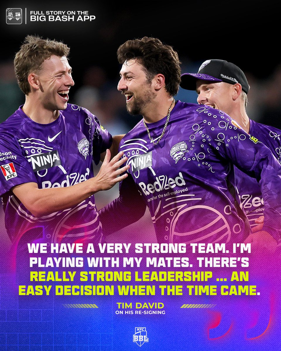BBL's tweet image. The Hurricanes have got their man, and it’s their culture that brought Tim David back 💜
Full story on the Big Bash App! #BBL15
