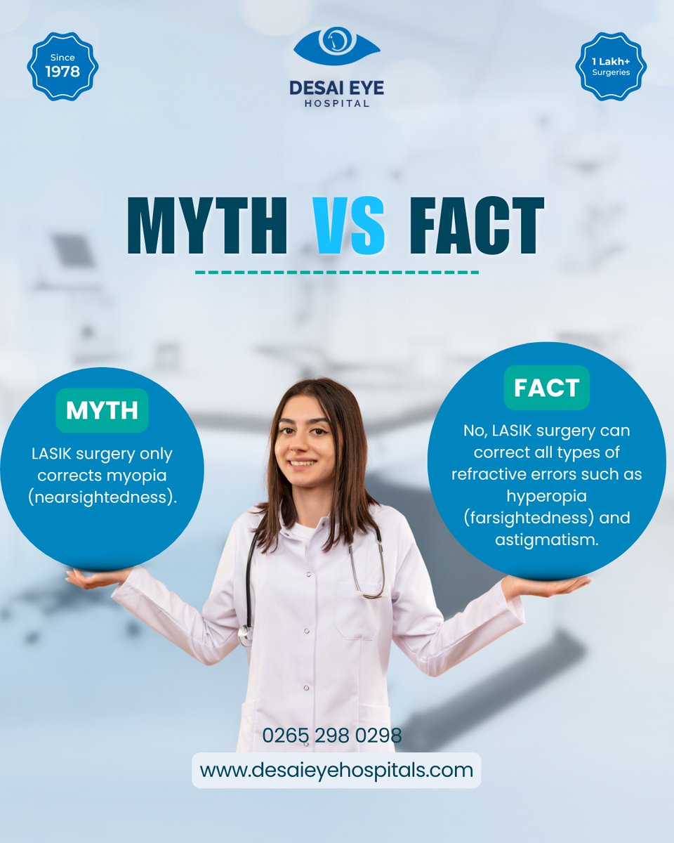 DesaiEyeHospita's tweet image. Think LASIK only treats nearsightedness? It also corrects farsightedness &amp;amp; astigmatism! Get expert care at Desai Eye Hospital &amp;amp; see clearly again.

Call: 0265 298 0298 | 🌐 desaieyehospitals.com

#LASIKFacts #DesaiEyeHospital #VisionCorrection #MythBusted