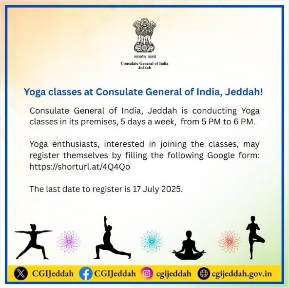 India in Jeddah (@cgijeddah) on Twitter photo Yoga classes at Consulate General of India, Jeddah!
Consulate General of India, Jeddah <a href="/CGIJeddah/">India in Jeddah</a> is conducting Yoga classes in its premises, 5 days a week, from 5 PM to 6 PM.
Yoga enthusiasts, interested in joining the classes, may register themselves by filling the Yoga classes at Consulate General of India, Jeddah!
Consulate General of India, Jeddah <a href="/CGIJeddah/">India in Jeddah</a> is conducting Yoga classes in its premises, 5 days a week, from 5 PM to 6 PM.
Yoga enthusiasts, interested in joining the classes, may register themselves by filling the