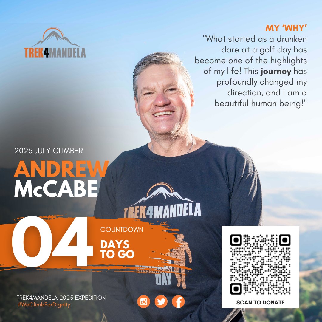 🎉 4 DAYS TO GO! 🏔

The countdown continues as we cheer on Andrew McCabe, our inspiring Trek4Mandela 2025 July Climber!

📲 Scan QR Code to donate or click here: givengain.com/project/andrew…

One climb. One cause. PERIOD🩸!

#Caring4Girls
#MandelaDay
#WeClimbForDignity