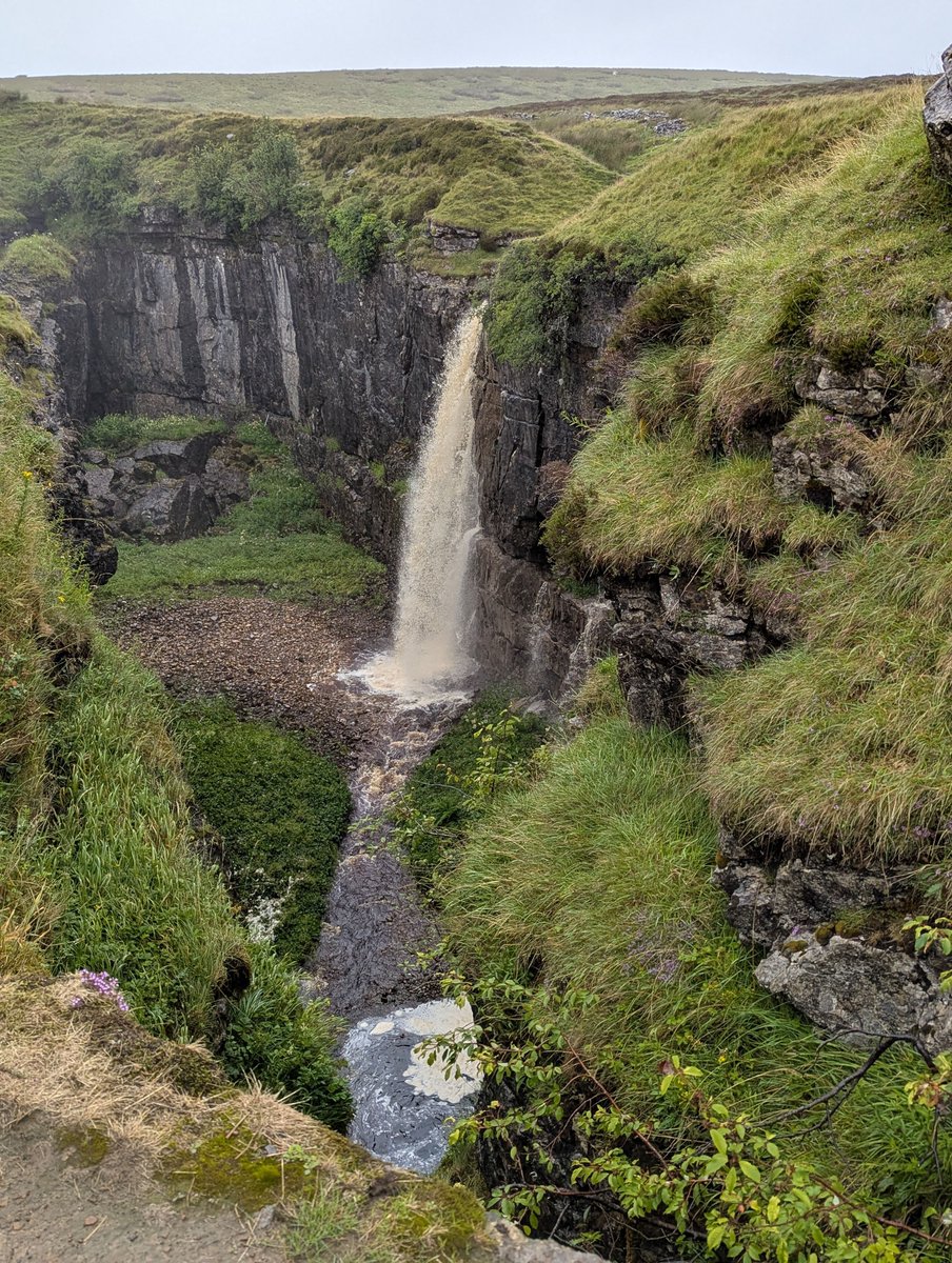 foscl's tweet image. Saying goes "Ne’er cast a clout till May be out". Given the unseasonable weather on Saturday's walk to see potholes around Horton-in-Ribblesdale it should be changed to "July". The hardy souls who braved the weather got to see the waterfall at full force pouring in to Hull Pot!