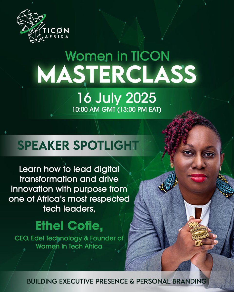 We’re thrilled to welcome Ethel Cofie, CEO of EDEL Tech &amp; founder of Women in Tech Africa, to the #WomeninTICON Masterclass on 16 July! 

Gain insights on leading with presence from one of Africa’s top tech voices. Register now: ta.uxi.re/BNY-w

#LeadershipMatters