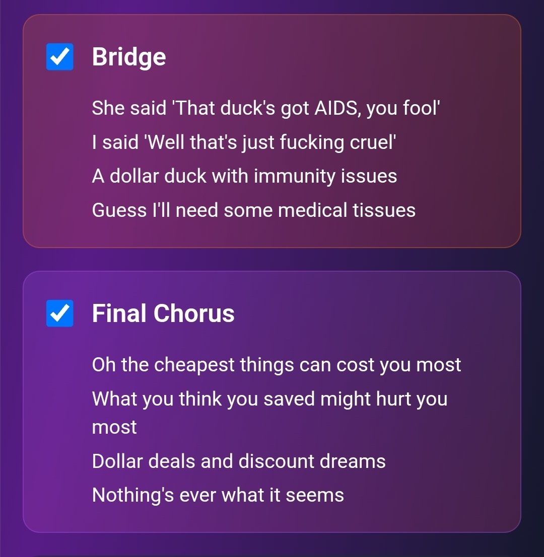 I've been playing a lot with Claude sub-agents, and they are pretty strict on refusals &amp; can take some effort to jailbreak.

So, I had my "Comedy Song Generator" artifact, and I've been TRYING to get it to generate a song version of an old joke about a duck with AIDs.

Got 'em.