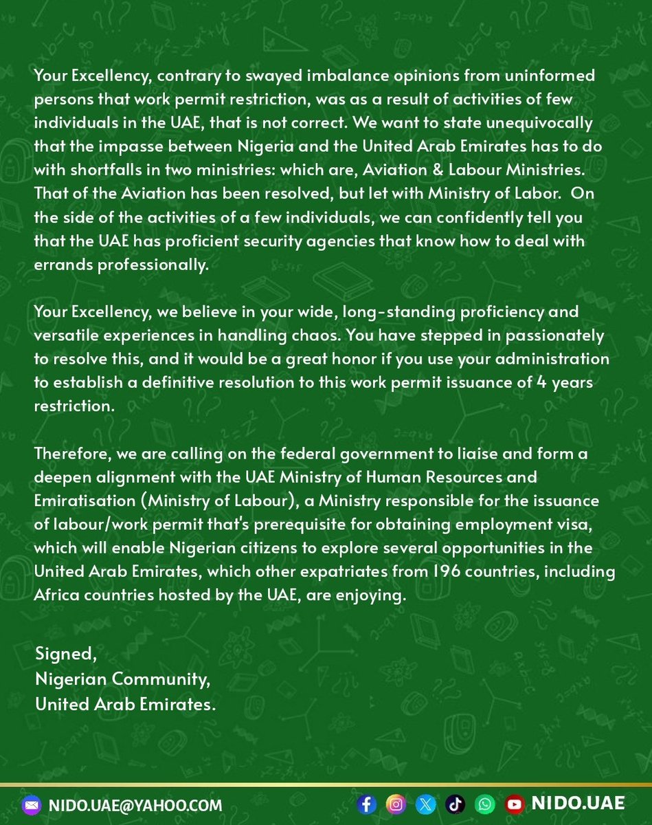 NIDO_UAE's tweet photo. Open Letter To President Bola Ahmed Tinubu, On Work Permit Issuance Restriction For Nigerian Expatriates Seeking Job Opportunities In The United Arab Emirates. 
@officialABAT @PBATMediaCentre @asovilladigital @aonanuga1956 @BwalaDaniel @FMINONigeria @LabourMinNG @nidcom_gov @YusufTuggar @ARISEtv @thecableng @MobilePunch @ruffydfire @abati1990 @MobilePunch @thecableng @TheNationNews @PremiumTimesng @abikedabiri