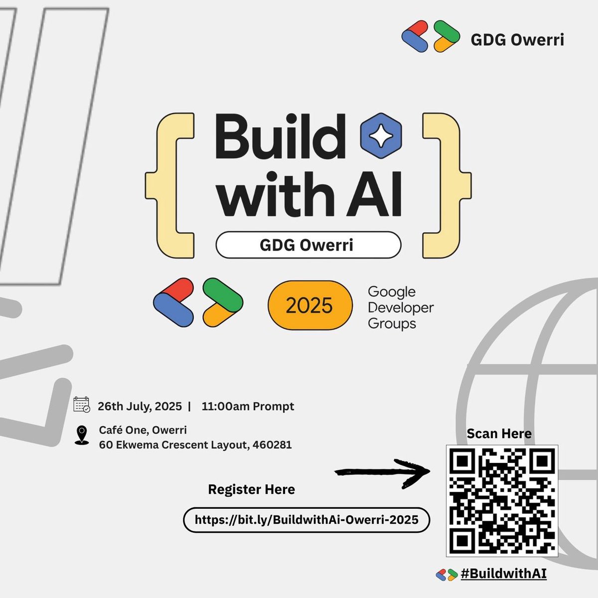 Owerri Tech Fam, ready to BUILD with AI? 🤖💻
#BuildWithAI isn’t your regular event — it’s hands-on, practical &amp; built for doers.

🧠 Gemini, Firebase, Cloud AI
📍 Café One | 🗓️ July 26 | 🕚 11AM
🎟️ bit.ly/BuildwithAi-Ow…

Come curious. Leave inspired.
#GDGOwerri #TechOwerri
