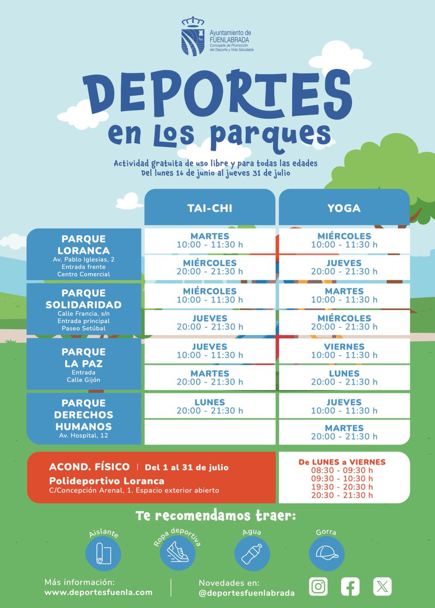 🎋 DEPORTES EN LOS PARQUES 🧘‍♀️

Ven a practicar yoga o tai-chi con nosotros en los parques

Actividad gratuita de uso libre para todas las edades

No es necesaria inscripción

#FuenlabradaCiudadViva #deportesfuenlabrada #deportesfuenla #Fuenlabrada