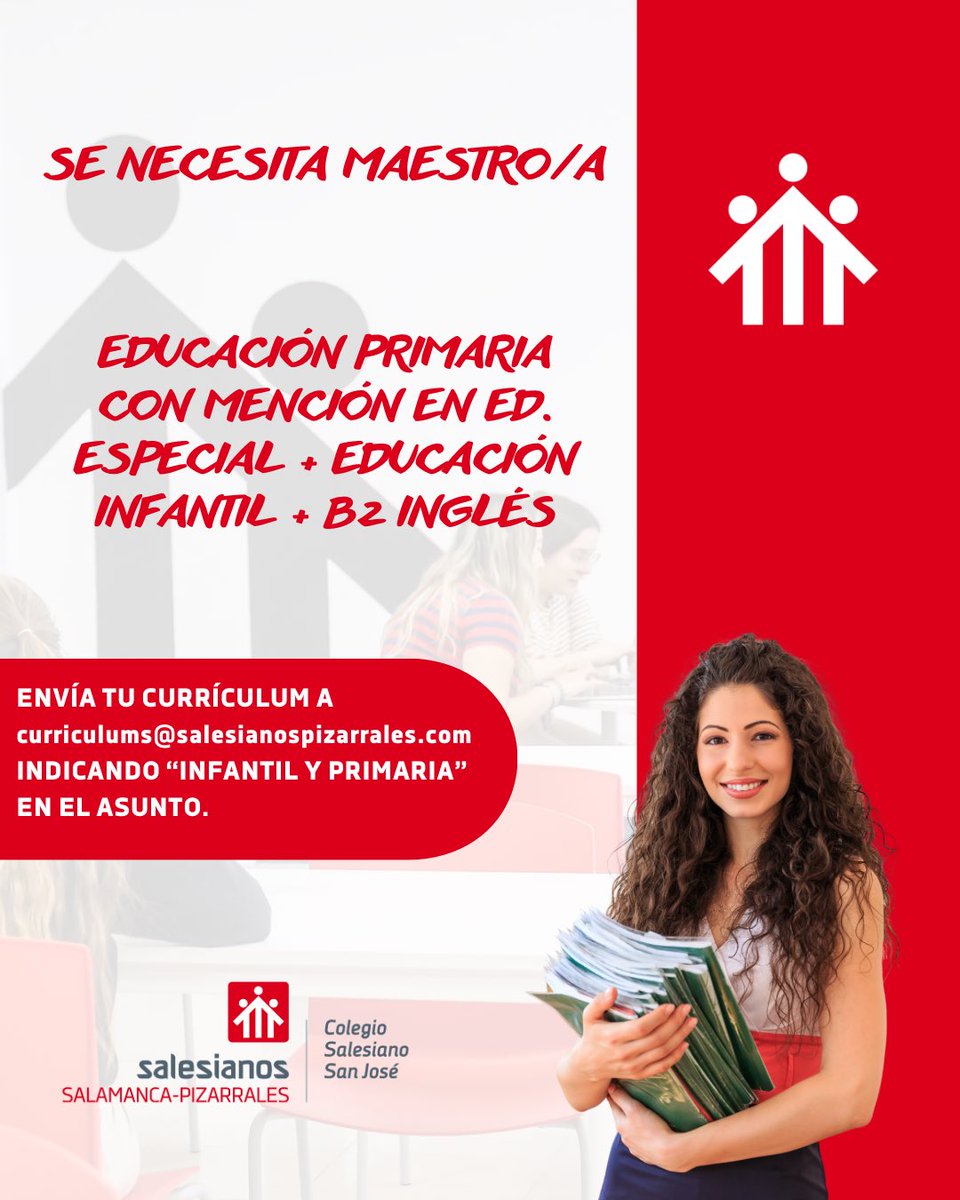 🚨🧑🏻‍🏫 3 Vacantes disponibles en nuestro Colegio 👨🏽‍🏫🚨

Revisa los 3 perfiles que buscamos y si alguna te encaja envía tu CV a curriculums@salesianospizarrales.com