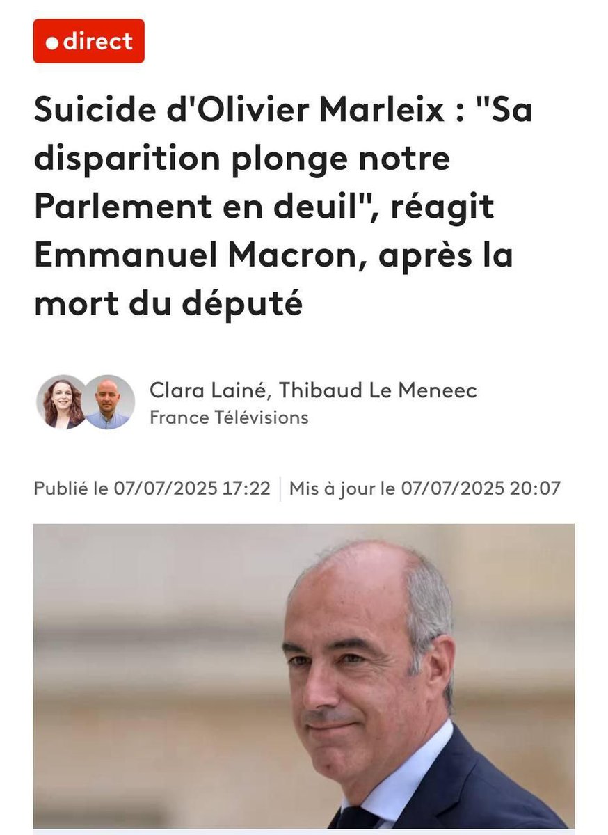 presenceloop's tweet image. A representative of the French Republican Party, Olivier Marlex, was found hanged in his home. Law enforcers began proceedings to establish the exact cause of his death. This was announced on Monday, July 7, by the prosecutor of the city of Chartres Frederic Chevalier. Marlex was…