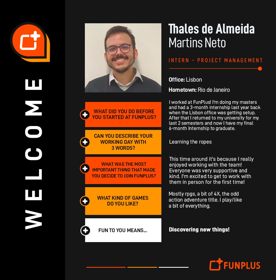 FunPlusGames's tweet image. 🚀 Thales Martins is back in action at Studio Ellipsis, Lisbon! Rejoining us as an Intern in Project Management, we’re all set for an exciting journey ahead. Welcome back, Thales! 

#FunPlus #FunPlusPeople #NewHire #Welcome #StudioEllipsis #Lisbon