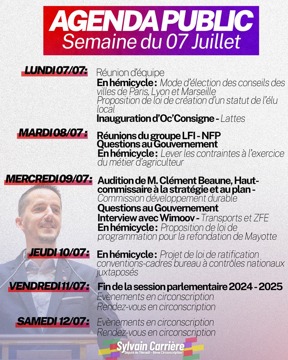 🗓️ Retrouvez mon agenda de la semaine ⤵️

C’est la dernière semaine de la session de l’Assemblée nationale !