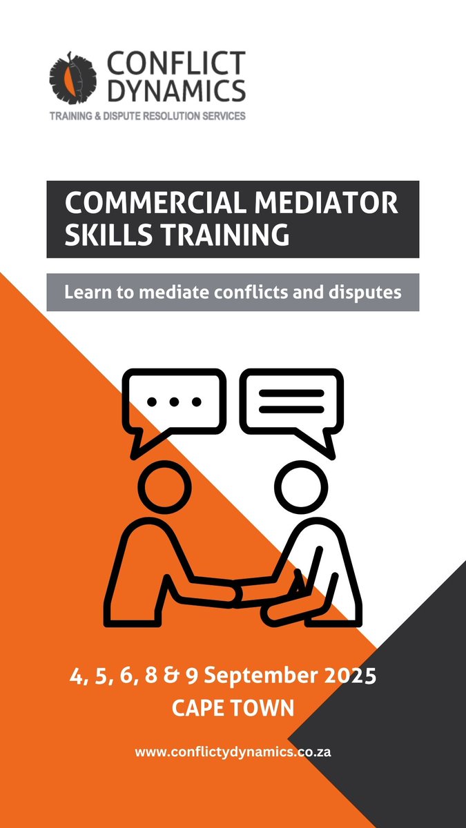 Learn Commercial Mediator Skills with Conflict Dynamics: mediate in commercial, employment, workplace, or court-mandated mediation settings. The 5-day in-person course includes tuition, practice, coaching, and assessment in core competencies.  
BOOK: conflictdynamics.co.za/CMTApplication