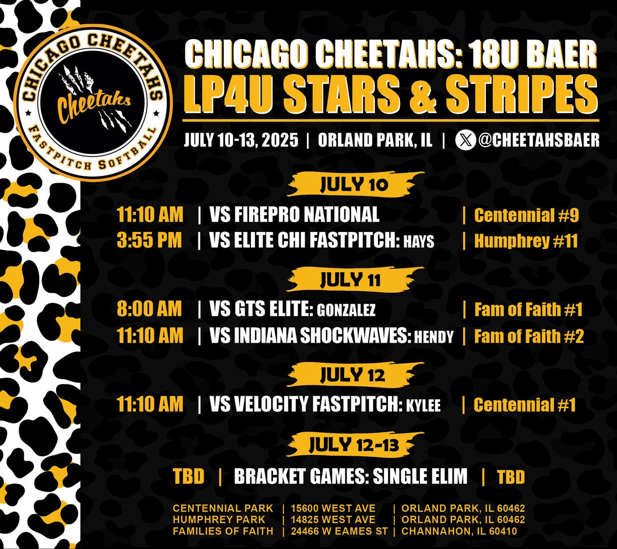 Come see us in Orland Park/Channahon this week! Here's our schedule for the LP4U Stars &amp; Stripes 🐆