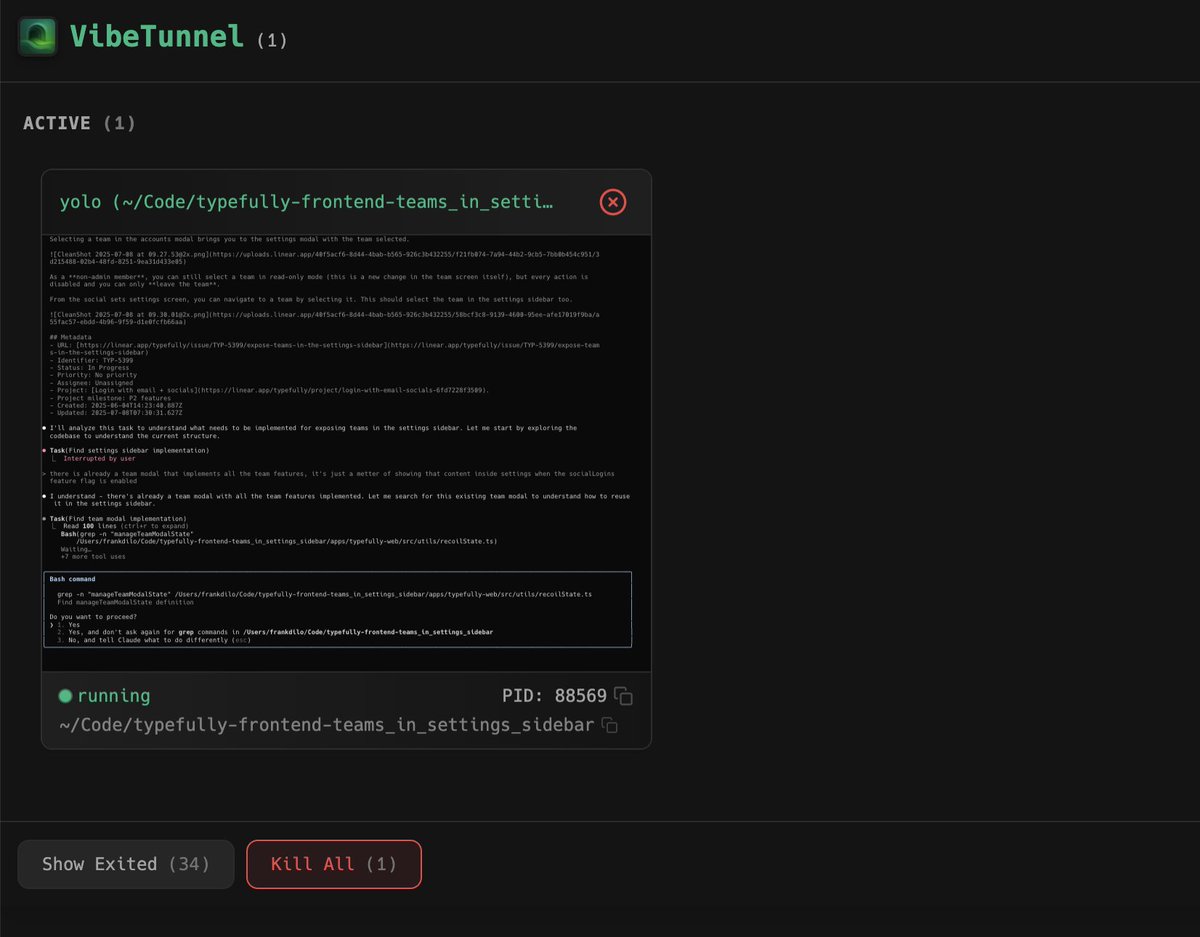 frankdilo's tweet image. Idle time on tasks used to go to scrolling on X.

Now it goes into checking on my Claude Code agents&apos; work with @VibeTunnel.

Turns out managing an army of AI agents is just as addictive as doom scrolling. Maybe more so because it feels &quot;productive.&quot;