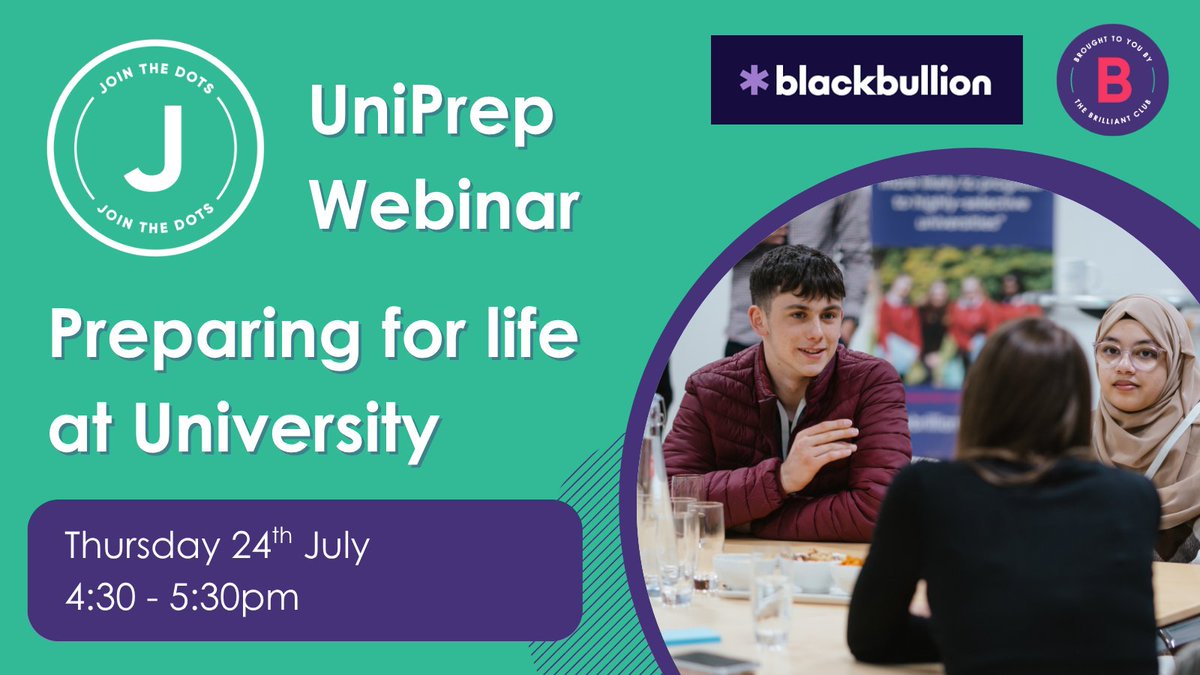 The Brilliant Club (@brilliantclub) on Twitter photo Webinar for Sixth Form students: Preparing for Life at University with guest university finance experts <a href="/blackbullion/">Blackbullion</a>!
📅Thursday 24th July
🕒4:30-5:30pm
Year 12 and 13 students can register if they're a member of our free Join the Dots programme: thebrilliantclub.org/join-the-dots/ Webinar for Sixth Form students: Preparing for Life at University with guest university finance experts <a href="/blackbullion/">Blackbullion</a>!
📅Thursday 24th July
🕒4:30-5:30pm
Year 12 and 13 students can register if they're a member of our free Join the Dots programme: thebrilliantclub.org/join-the-dots/