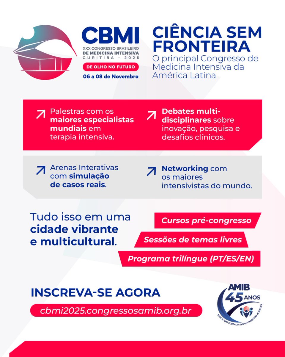 Fepimcti (@fepimcti) on Twitter photo 🇧🇷 Este noviembre, la AMIB organiza su XXX Congresso Brasileiro de Medicina Intensiva. Tenemos una cita en Curitiba bajo el lema 'Con la mirada en el futuro'. Web oficial e inscripciones ya disponibles.
Más información: cbmi2025.congressosamib.org.br
#terapiaintensiva <a href="/AMIB_oficial/">AMIB - Associação de Medicina Intensiva Brasileira</a> 🇧🇷 Este noviembre, la AMIB organiza su XXX Congresso Brasileiro de Medicina Intensiva. Tenemos una cita en Curitiba bajo el lema 'Con la mirada en el futuro'. Web oficial e inscripciones ya disponibles.
Más información: cbmi2025.congressosamib.org.br
#terapiaintensiva <a href="/AMIB_oficial/">AMIB - Associação de Medicina Intensiva Brasileira</a>