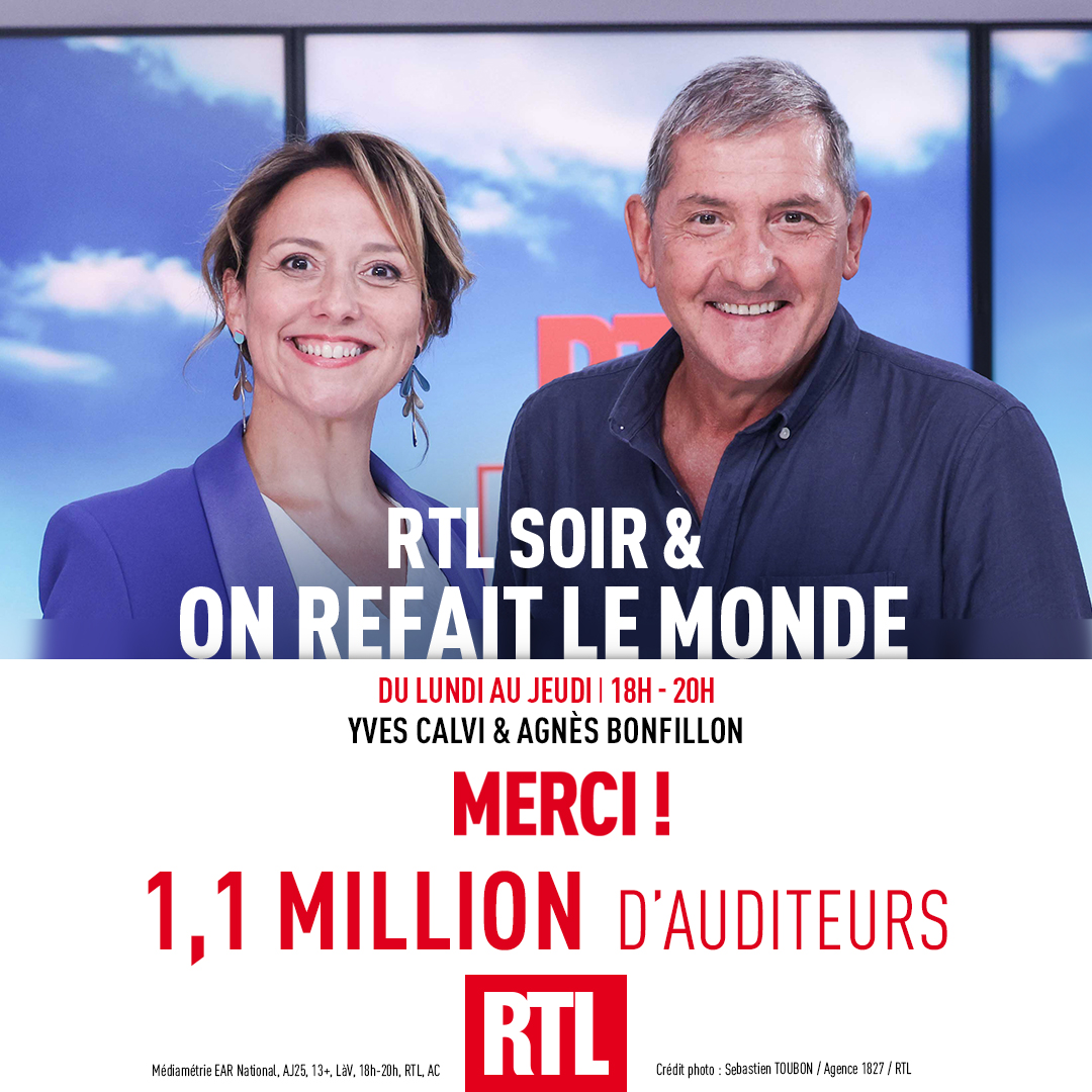 RTL Pro : RTL - RTL2 - FUN RADIO (@rtl_presse) on Twitter photo 🎙🔴 #AudiencesRadio MERCI !
📈 1,1 million de Français s’informent avec Yves Calvi et <a href="/abonfillon75/">Agnès Bonfillon</a> dans #RTLSoir & On refait le monde
#Médiamétrie 🎙🔴 #AudiencesRadio MERCI !
📈 1,1 million de Français s’informent avec Yves Calvi et <a href="/abonfillon75/">Agnès Bonfillon</a> dans #RTLSoir & On refait le monde
#Médiamétrie