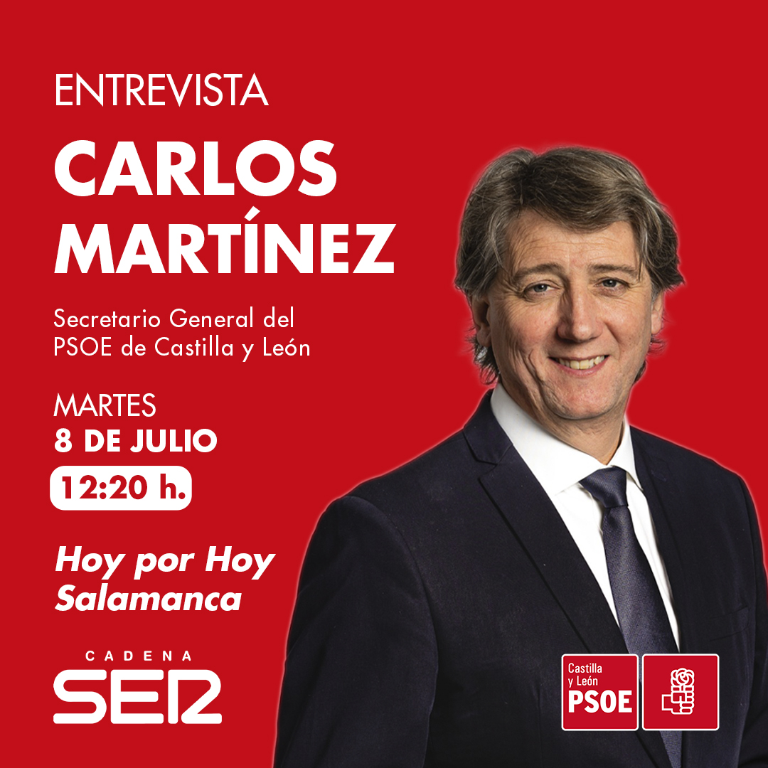 PSOE Castilla y León (@psoe_cyl) on Twitter photo 📺 No te pierdas la entrevista a nuestro secretario general, <a href="/cmmsoria/">Carlos Martínez Mínguez / ❤️</a>, en 'Hoy por Hoy Salamanca'.
🕧 A partir de las 12:20 h. en <a href="/SERSalamanca/">Radio Salamanca Cadena SER</a>
⭕ Síguela en directo aquí: cadenaser.com/radio-salamanc… 📺 No te pierdas la entrevista a nuestro secretario general, <a href="/cmmsoria/">Carlos Martínez Mínguez / ❤️</a>, en 'Hoy por Hoy Salamanca'.
🕧 A partir de las 12:20 h. en <a href="/SERSalamanca/">Radio Salamanca Cadena SER</a>
⭕ Síguela en directo aquí: cadenaser.com/radio-salamanc…