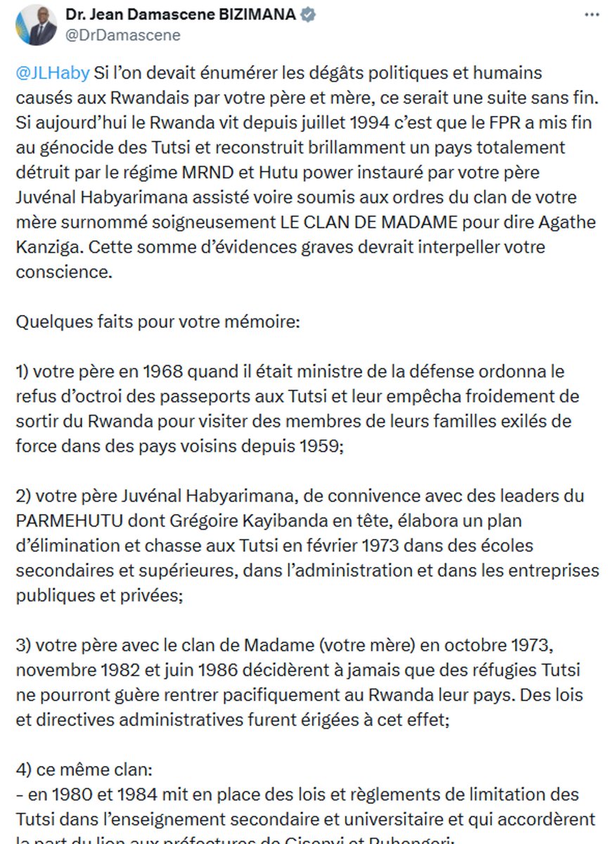 Antoine Mukiza Zigiranyirazo (@mukizaantoine) on Twitter photo Monsieur <a href="/DrDamascene/">Dr. Jean Damascene BIZIMANA</a>
Votre message n’est qu’un flot mensonger, répété sans rigueur et méprisant la vérité. Vous n’êtes qu’un propagandiste parmi tant d’autres, recyclant un discours usé qui tente de salir la mémoire du président <a href="/HabyarimanaPres/">Juvénal Habyarimana</a>. Mais ce récit creux s’effondre Monsieur <a href="/DrDamascene/">Dr. Jean Damascene BIZIMANA</a>
Votre message n’est qu’un flot mensonger, répété sans rigueur et méprisant la vérité. Vous n’êtes qu’un propagandiste parmi tant d’autres, recyclant un discours usé qui tente de salir la mémoire du président <a href="/HabyarimanaPres/">Juvénal Habyarimana</a>. Mais ce récit creux s’effondre