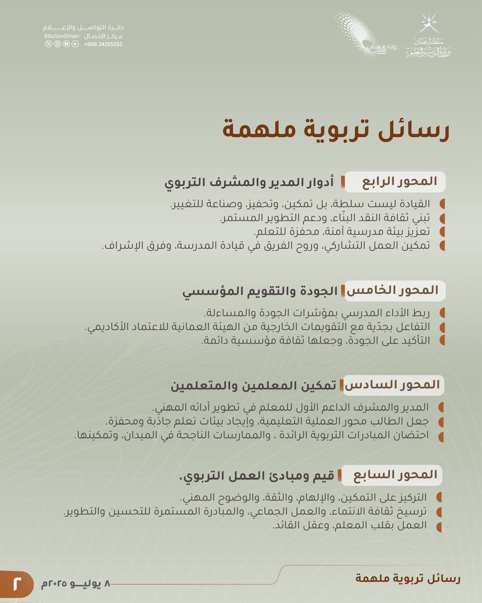 #التربية_والتعليم |

رسائل تربوية ملهمة يوجّهها مدير عام الإشراف التربوي للمنتدَبين الجدد لشغل وظائف الإشراف التربوي والإدارة المدرسية، تتمحور حول مرتكزات رئيسة تجسّد أدوارهم القيادية الجديدة.

#تعلم_مستدام