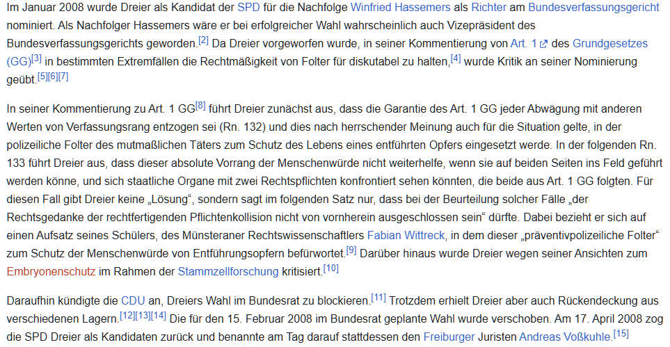 Interessant, dass ihr Doktorvater Prof. Horst Dreier 2008 wegen ähnlicher Ansichten zur Menschenwürde NICHT zum Richter am #BVerfG gewählt wurde. Auch er war Kandidat der SPD. Damals kannte die CDU also noch absolute Grenzen des Sagbaren. #afdverbot #218stgb #brosiusgersdorf #afd