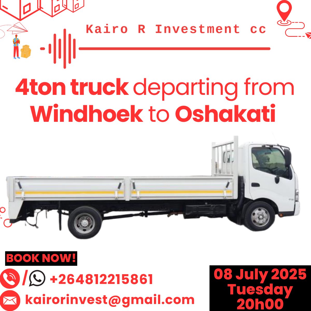 kairo_r_invest's tweet photo. For all logistics bookings and to send any commodities, 
please contact us via:  
Call/WhatsApp: +264 81 22 15861
Email: kairorinvest@gmail.com 
#transportation #transportationinwindhoek #windhoektransportation https://t.co/Lc0KASxRWk