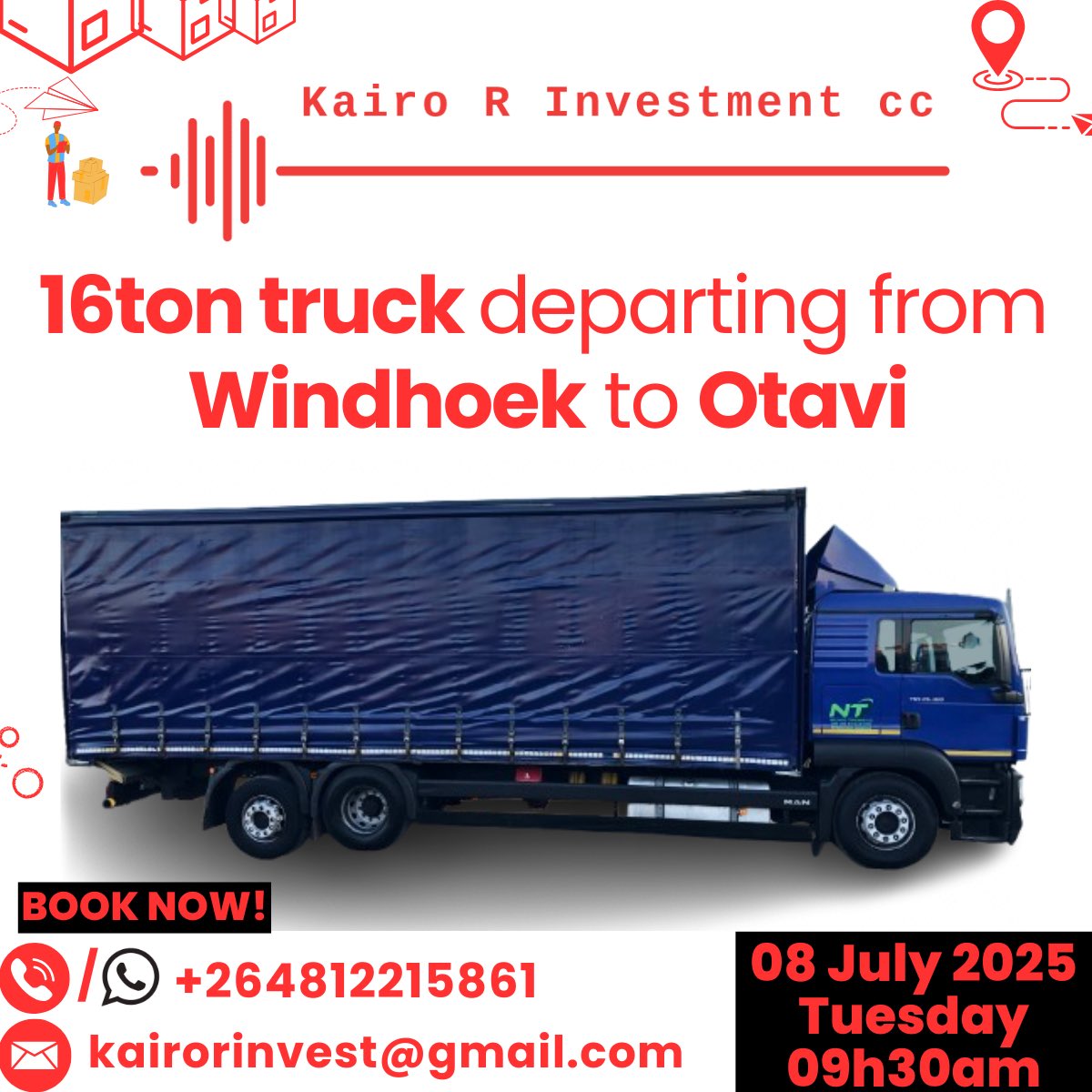 kairo_r_invest's tweet photo. For all logistics bookings and to send any commodities, 
please contact us via:  
Call/WhatsApp: +264 81 22 15861
Email: kairorinvest@gmail.com 
#transportation #transportationinwindhoek #windhoektransportation https://t.co/Lc0KASxRWk