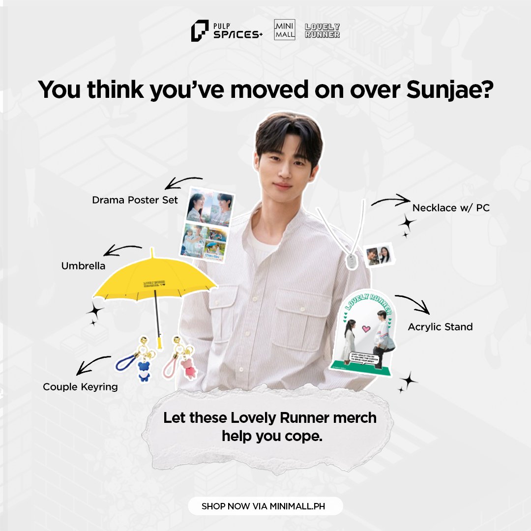 PULPSpaces's tweet image. Still not over Sunjae? Yeah… us too! 😮‍💨

Don’t worry, we’ve got the perfect coping kit! From umbrellas to keyrings, these #LovelyRunner merch will help you feel a little closer to him 🥹💛

🛒 Grab yours now at minimall.ph!

#PULPSpaces #ByeonWooseok
