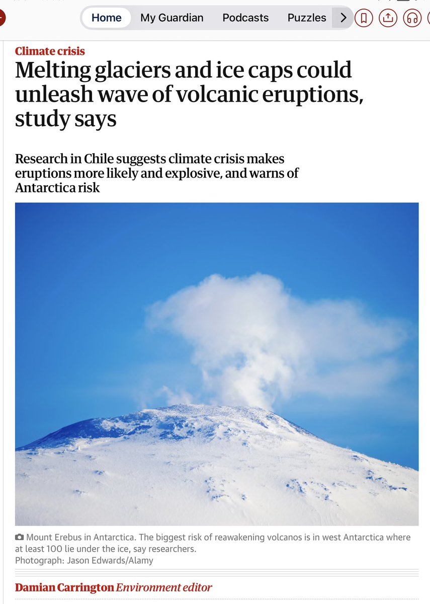 JillBelch's tweet image. Loss of ice releases pressure on underground magma chambers &amp;amp; so eruptions more likely. Now in Iceland, &amp;amp; research in Chile shows surge in volcanism in the past, after last ice age ended.
#ClimateChange caused by burning #FossilFuels now melting ice caps &amp;amp; glaciers around world