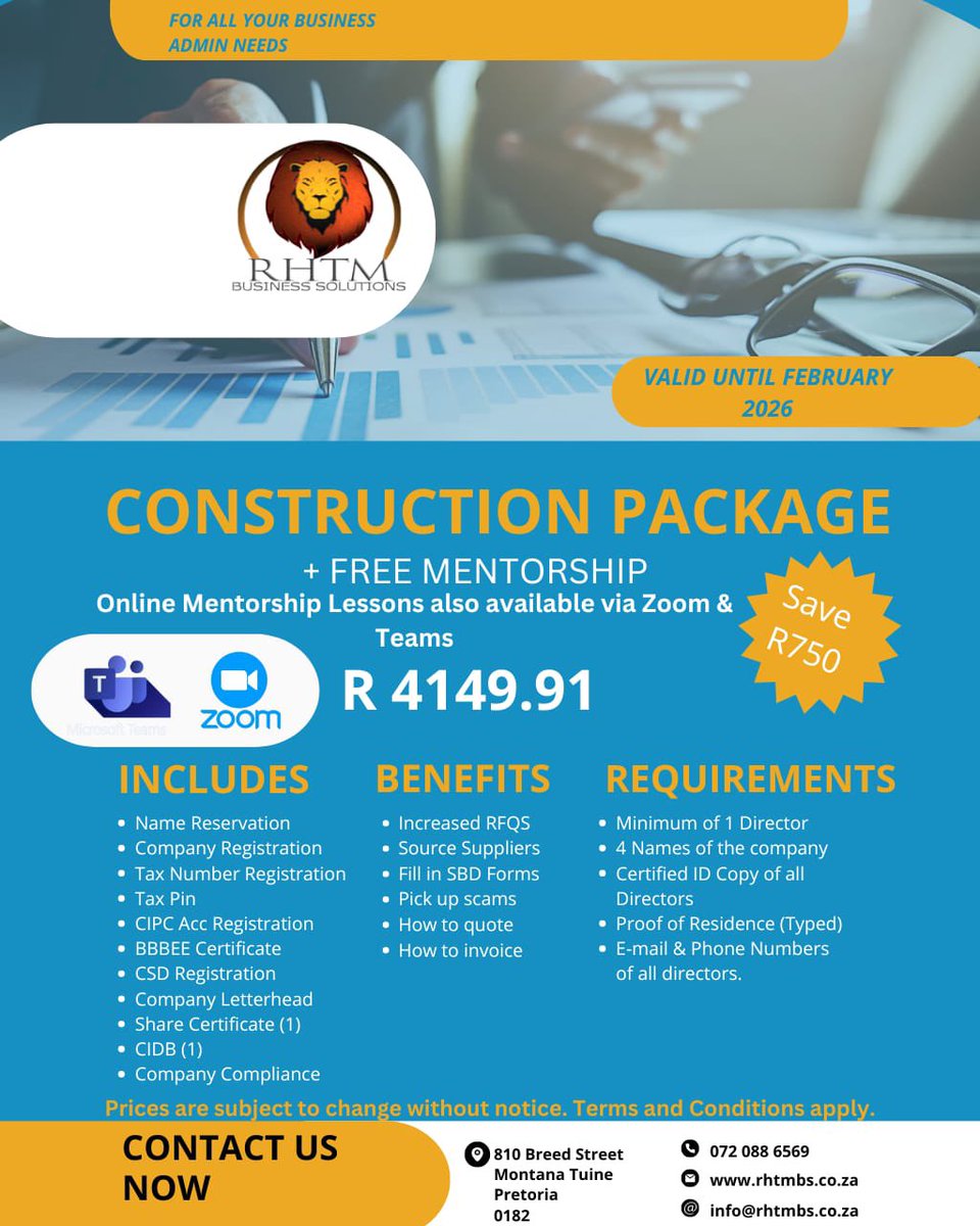 Rhtmbs's tweet image. Mentorship Packages tailored for everyone. Call or text us today for more info.
📞: 0720886569(Calls and WhatsApp)
📧: info@rhtmbs.co.za
🌍: rhtmbs.co.za
📍: 810 Breed Street, Montana Tuine, Pretoria, 0182